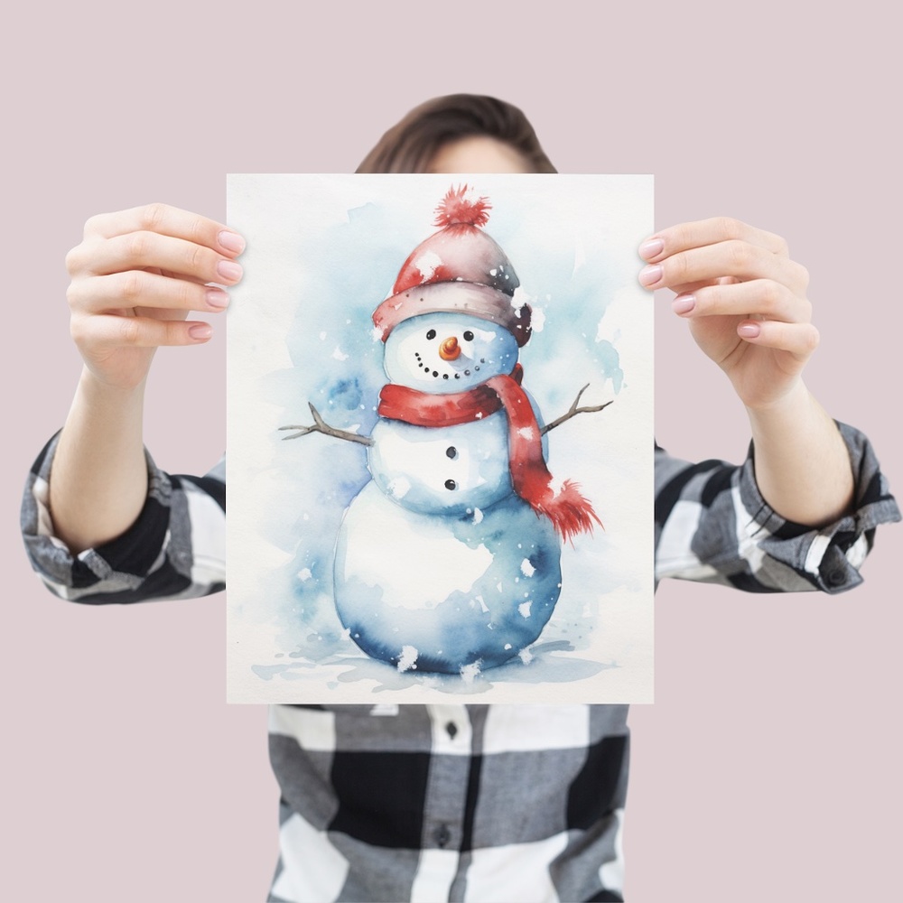 Watercolor Snowman Christmas Theme Wall Art Illustration Print Unframed - Picture 4 of 5